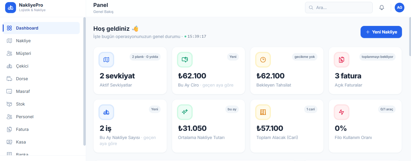 NakliyePro Ana Ekran - Dashboard