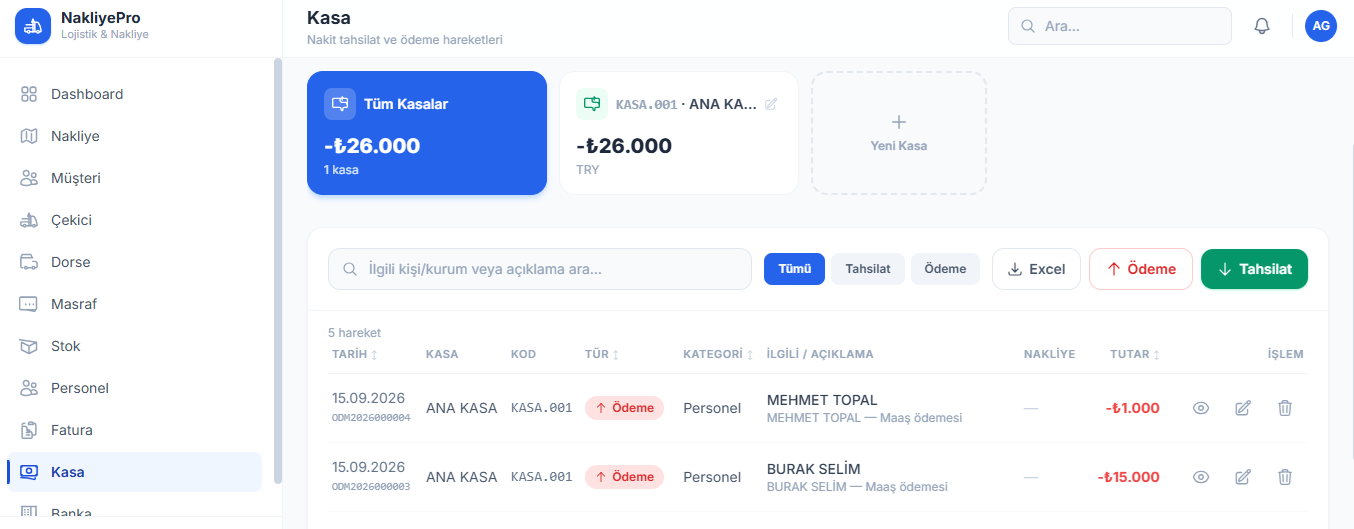 Kasa ve Banka Yönetim Ekranı